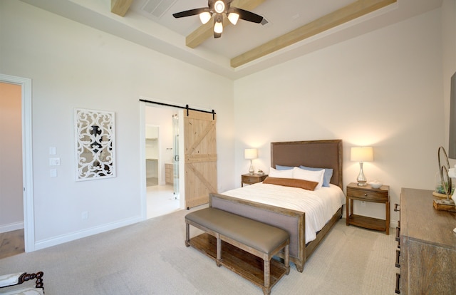 12607 Smokey Sunset Ct, Cypress, TX 77433 - bedroom featuring a barn door, light colored carpet, connected bathroom, and a ceiling fan