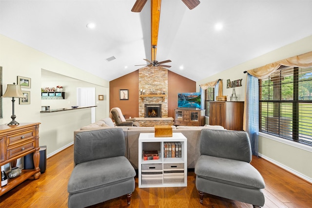 3135 Forest Hill E Rd, La Grange, TX 78945 - living area featuring ceiling fan, wood finished floors, a fireplace, and recessed lighting