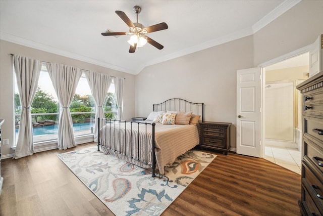 3732 Coral Reef Dr, Seabrook, TX 77586 - bedroom with ornamental molding, light wood-style flooring, a ceiling fan, and lofted ceiling