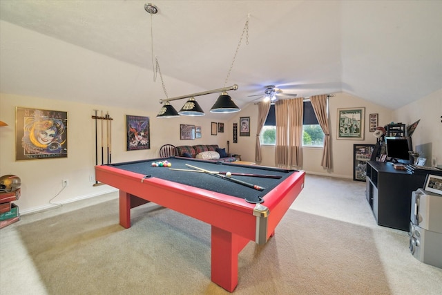 3732 Coral Reef Dr, Seabrook, TX 77586 - playroom featuring lofted ceiling, carpet floors, ceiling fan, and billiards