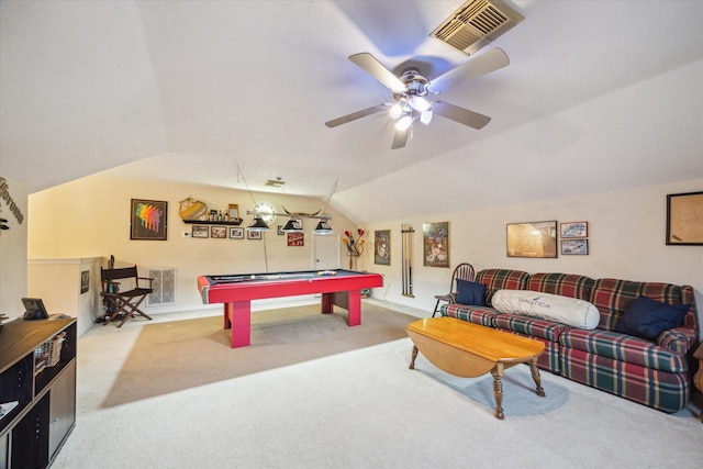 3732 Coral Reef Dr, Seabrook, TX 77586 - game room featuring carpet floors, vaulted ceiling, billiards, and a ceiling fan