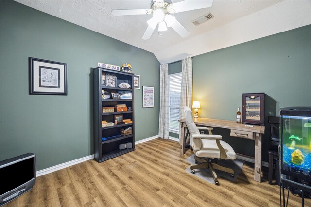 3732 Coral Reef Dr, Seabrook, TX 77586 - office featuring wood finished floors, lofted ceiling, and ceiling fan
