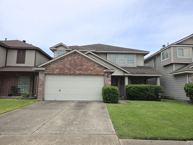3030 Palace Oaks Dr, Houston, TX 77082 - view of front facade featuring a front yard, concrete driveway, brick siding, an attached garage, and roof with shingles