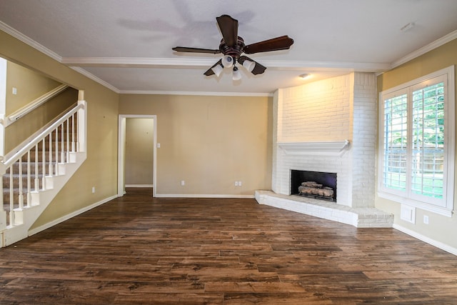 5838 Mountain View Dr, Houston, TX 77345 - unfurnished living room with stairway, ornamental molding, dark wood-style floors, ceiling fan, and a fireplace