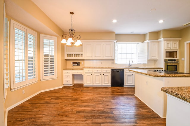 5838 Mountain View Dr, Houston, TX 77345 - kitchen featuring black appliances, a chandelier, white cabinetry, dark wood-type flooring, and hanging light fixtures