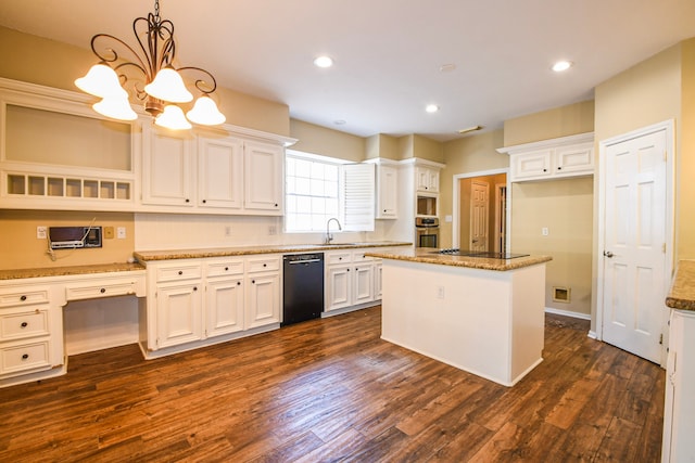 5838 Mountain View Dr, Houston, TX 77345 - kitchen featuring black appliances, a chandelier, open shelves, dark wood-style flooring, and white cabinetry