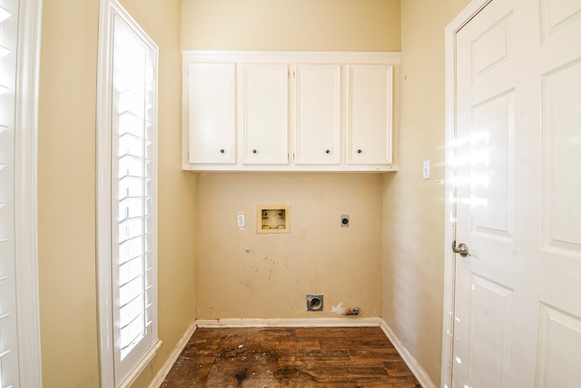 5838 Mountain View Dr, Houston, TX 77345 - laundry area featuring hookup for an electric dryer, hookup for a washing machine, cabinet space, dark wood-style floors, and hookup for a gas dryer