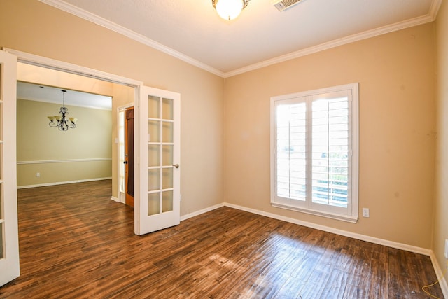 5838 Mountain View Dr, Houston, TX 77345 - empty room featuring plenty of natural light, ornamental molding, a chandelier, dark wood-type flooring, and french doors