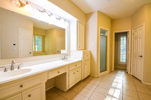 5838 Mountain View Dr, Houston, TX 77345 - full bathroom with tile patterned floors, double vanity, and a shower stall