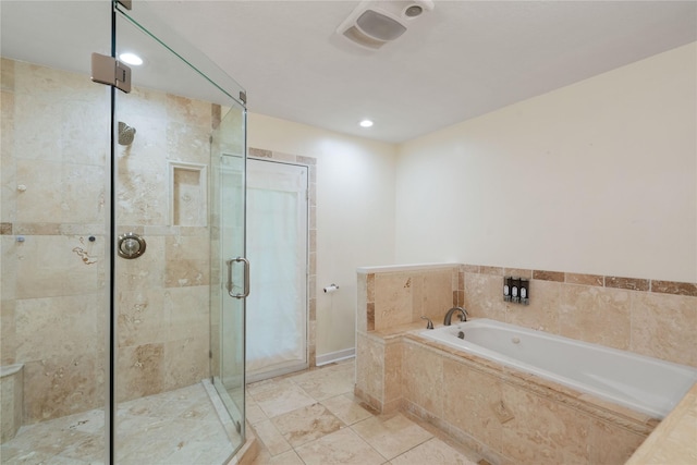 33933 Deer Creek Way, Stagecoach, TX 77355 - full bathroom featuring a bath, a stall shower, tile patterned floors, and recessed lighting