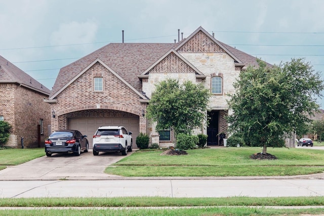 4300 Turnbridge Ct, Manvel, TX 77578 - french country home with a front lawn, brick siding, and driveway