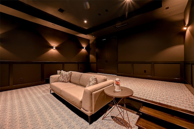1506 W 43rd St, Houston, TX 77018 - cinema room featuring a decorative wall, wainscoting, a tray ceiling, and recessed lighting