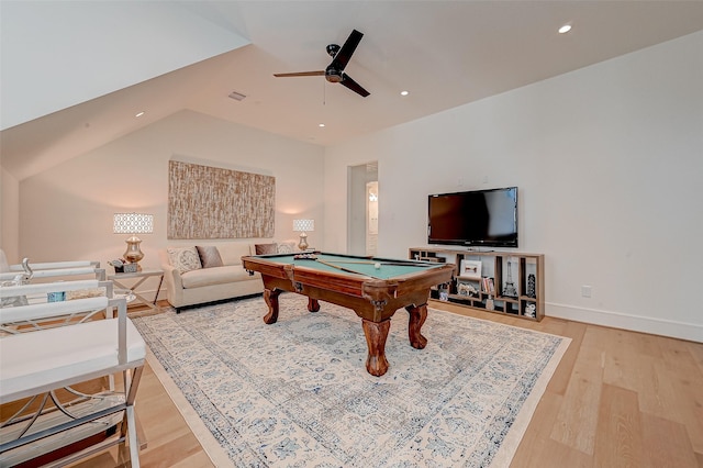 1506 W 43rd St, Houston, TX 77018 - rec room with ceiling fan, billiards table, light wood-style floors, recessed lighting, and vaulted ceiling