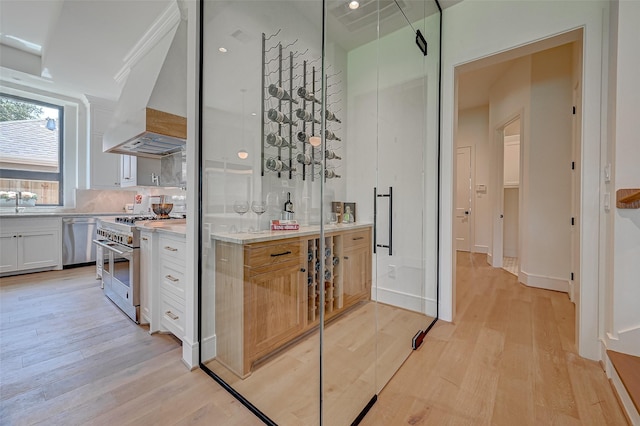 1506 W 43rd St, Houston, TX 77018 - bar area featuring stainless steel appliances, light wood-style flooring, custom exhaust hood, and tasteful backsplash