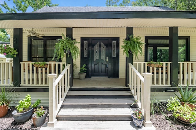 8918 James Ct, Magnolia, TX 77354 - doorway to property featuring a porch, a shingled roof, and a ceiling fan