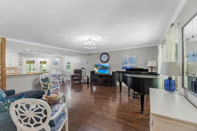 8918 James Ct, Magnolia, TX 77354 - living area featuring dark wood-type flooring, crown molding, a textured ceiling, and a chandelier