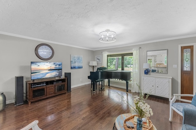 8918 James Ct, Magnolia, TX 77354 - living area featuring a textured ceiling, a chandelier, wood finished floors, and ornamental molding