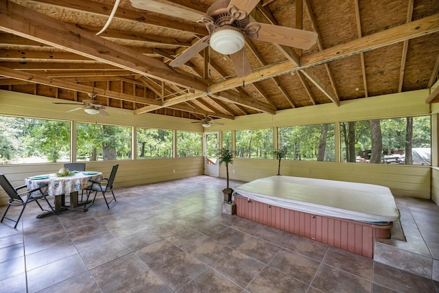 8918 James Ct, Magnolia, TX 77354 - sunroom with ceiling fan, a hot tub, and vaulted ceiling