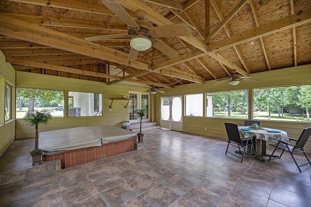 8918 James Ct, Magnolia, TX 77354 - sunroom / solarium featuring a ceiling fan, a jacuzzi, lofted ceiling, and outdoor dining area