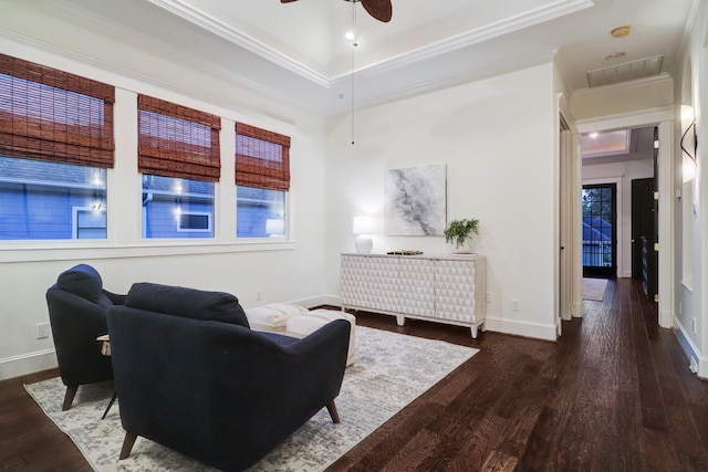 1022 W 22nd St, Houston, TX 77008 - living room featuring wood finished floors, ornamental molding, and a ceiling fan