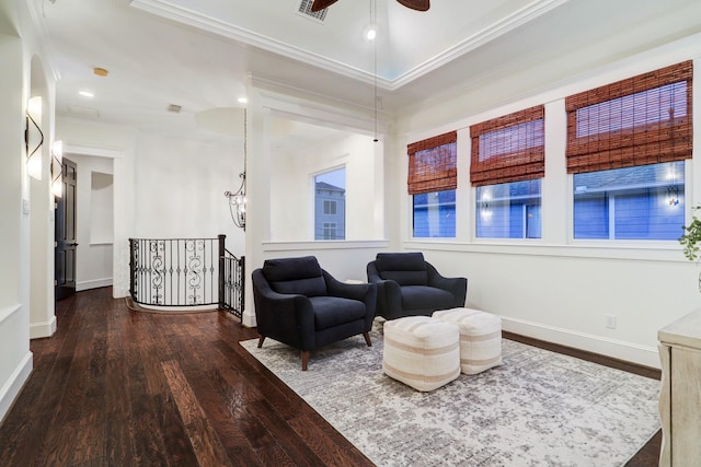 1022 W 22nd St, Houston, TX 77008 - sitting room featuring wood finished floors, crown molding, an upstairs landing, ceiling fan, and recessed lighting