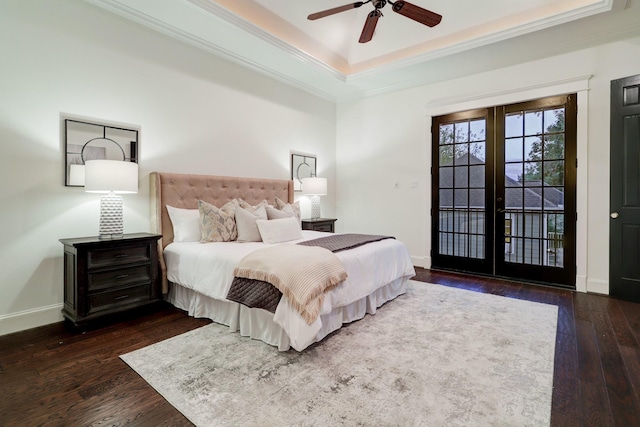 1022 W 22nd St, Houston, TX 77008 - bedroom with french doors, wood-type flooring, ornamental molding, a tray ceiling, and access to exterior