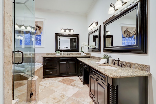 1022 W 22nd St, Houston, TX 77008 - bathroom featuring crown molding, two vanities, a shower stall, and a bath