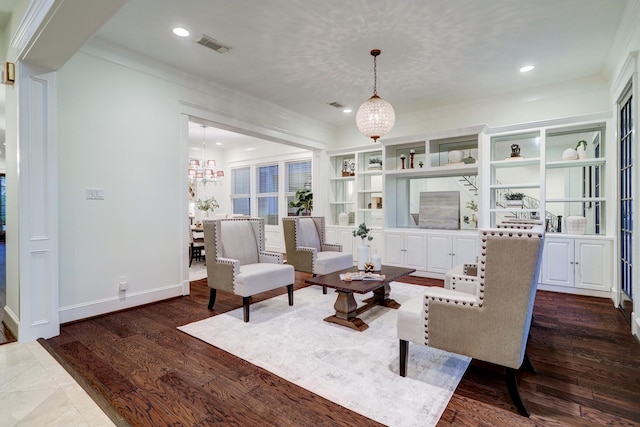 1022 W 22nd St, Houston, TX 77008 - living room featuring crown molding, a chandelier, recessed lighting, and wood finished floors