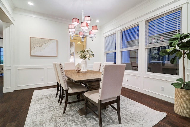 1022 W 22nd St, Houston, TX 77008 - dining room with ornamental molding, a chandelier, wood finished floors, recessed lighting, and a decorative wall