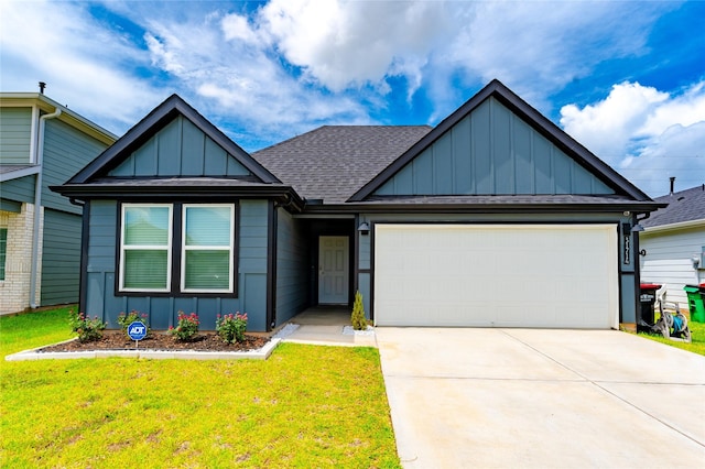 31714 Brandon Mill Trl, Fulshear, TX 77441 - view of front facade featuring board and batten siding, a garage, concrete driveway, a front yard, and a shingled roof