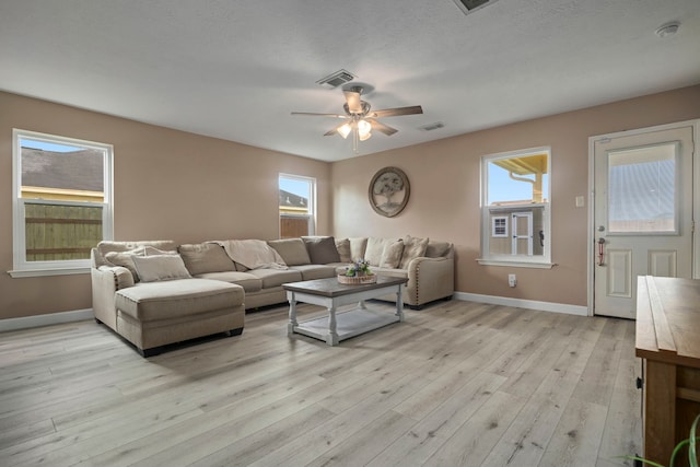 926 Seabourne Meadows Dr, Rosenberg, TX 77471 - living room featuring ceiling fan, light wood-style flooring, and plenty of natural light