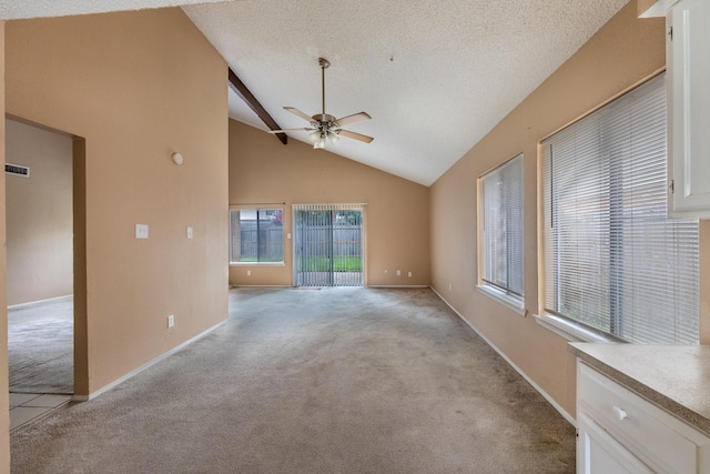 16830 Spruce Run Dr, Spring, TX 77379 - unfurnished room with light carpet, ceiling fan, a textured ceiling, and high vaulted ceiling