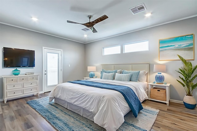 1743 Blue Water Hwy, Surfside Beach, TX 77541 - bedroom with ornamental molding, light wood-type flooring, ceiling fan, recessed lighting, and access to exterior