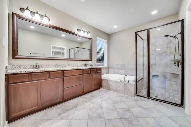 6222 Deer Run Xing, Katy, TX 77493 - full bath with a bath, a shower stall, double vanity, recessed lighting, and tile patterned flooring