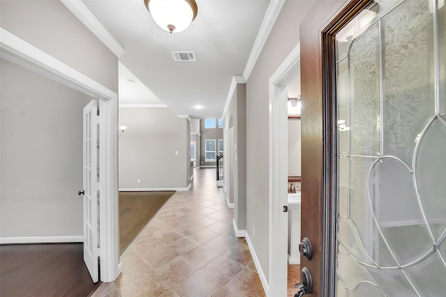 6222 Deer Run Xing, Katy, TX 77493 - corridor featuring crown molding, tile patterned floors, and decorative columns
