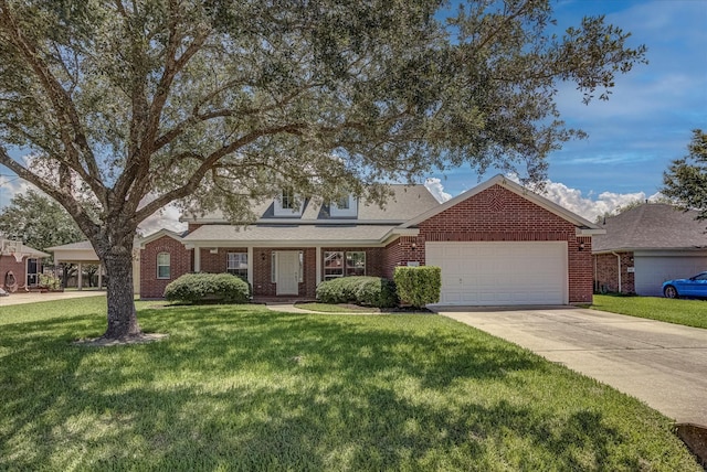 8014 Pine Wood Ct, Baytown, TX 77523 - view of front of home with a garage, brick siding, driveway, a front yard, and roof with shingles