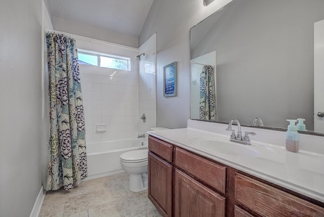 8014 Pine Wood Ct, Baytown, TX 77523 - bathroom with vanity, shower / bath combination with curtain, and vaulted ceiling