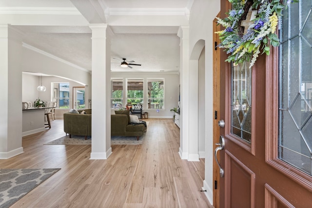 9119 Bush Buck Ln, Conroe, TX 77303 - foyer entrance with a ceiling fan, light wood-style flooring, arched walkways, and ornamental molding