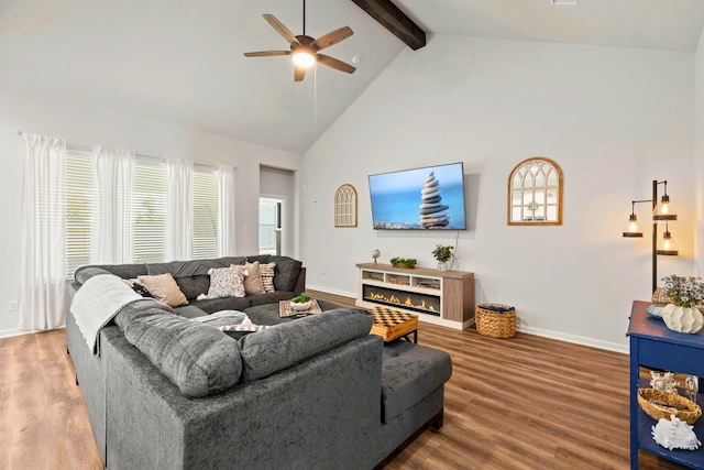 3023 Tantara Dr, Katy, TX 77493 - living area featuring high vaulted ceiling, beam ceiling, a ceiling fan, and wood finished floors