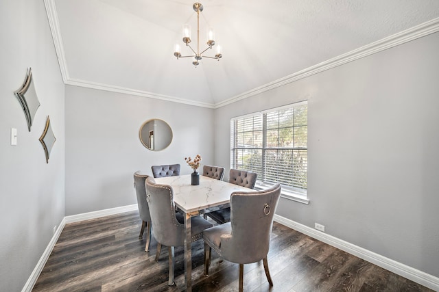 1727 Caldbeck Ln, Fresno, TX 77545 - dining space with a chandelier, dark wood-style floors, ornamental molding, and vaulted ceiling