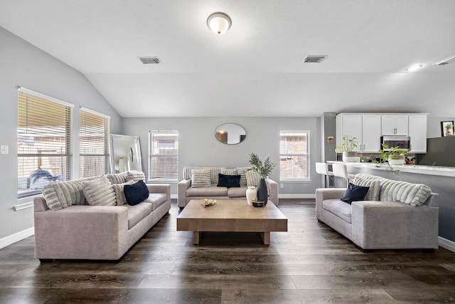 1727 Caldbeck Ln, Fresno, TX 77545 - living room featuring lofted ceiling and dark wood finished floors
