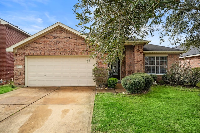 1727 Caldbeck Ln, Fresno, TX 77545 - ranch-style home with brick siding, concrete driveway, a front lawn, and an attached garage