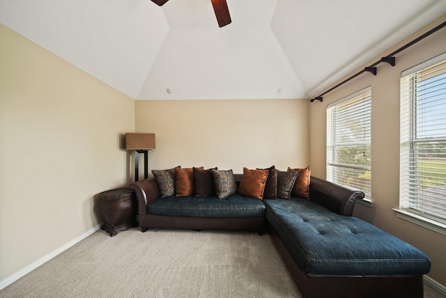 3207 Summerwind Ct, Pearland, TX 77584 - living room with ceiling fan, vaulted ceiling, and carpet flooring