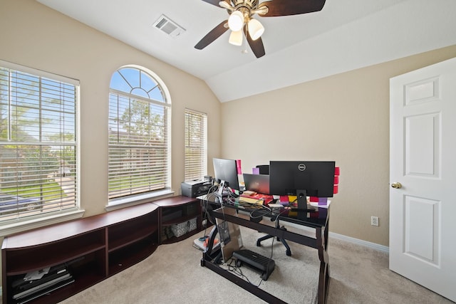 3207 Summerwind Ct, Pearland, TX 77584 - carpeted office featuring ceiling fan and lofted ceiling