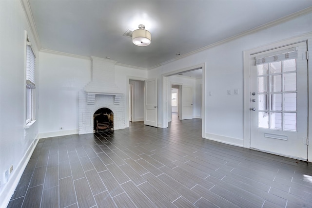 2027 Huldy St, Houston, TX 77019 - unfurnished living room featuring ornamental molding and dark wood-style floors