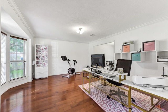 17214 Palm Falls Ct, Houston, TX 77095 - office featuring ornamental molding, wood finished floors, and a textured ceiling