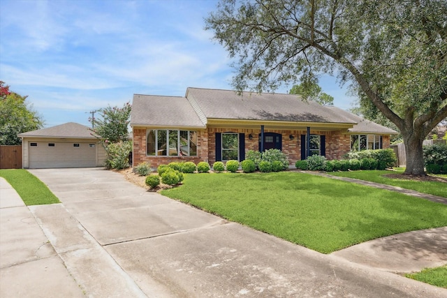 1003 Kemberton Dr, Houston, TX 77062 - ranch-style home with brick siding, a garage, a front yard, and an outbuilding