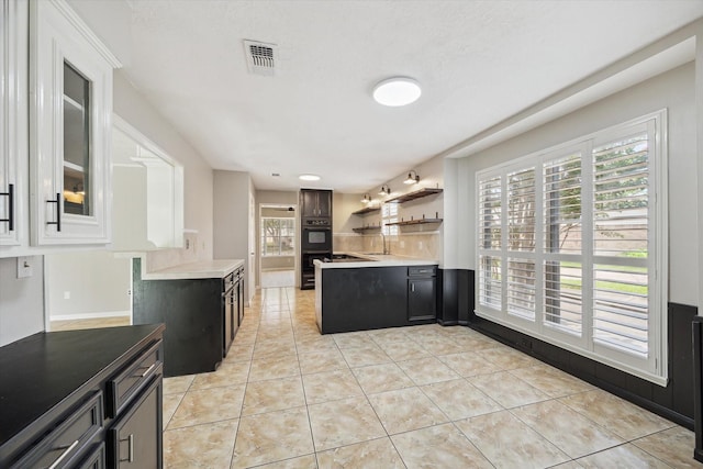 1003 Kemberton Dr, Houston, TX 77062 - kitchen featuring light tile patterned floors, dark cabinets, light countertops, and open shelves