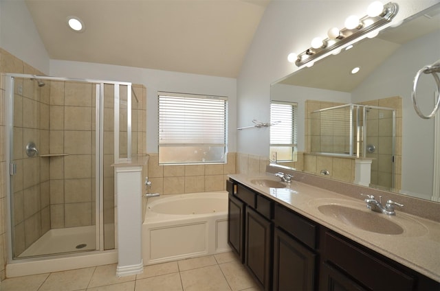 21514 Colton Cove Dr, Houston, TX 77095 - bathroom featuring vaulted ceiling, tile patterned flooring, a stall shower, a bath, and recessed lighting