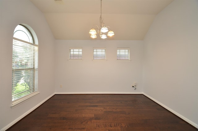 21514 Colton Cove Dr, Houston, TX 77095 - spare room with vaulted ceiling, a chandelier, healthy amount of natural light, and dark wood-type flooring
